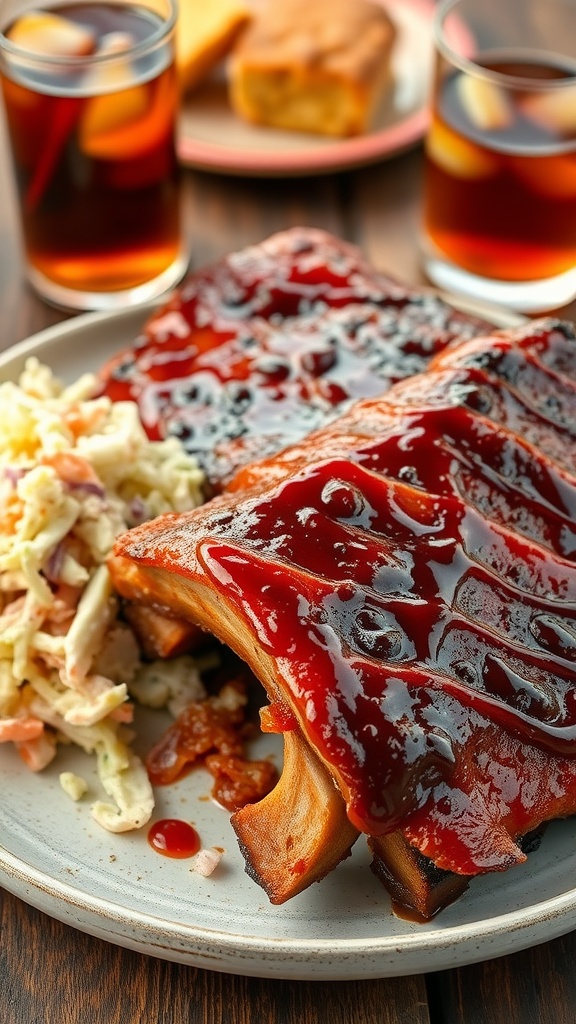 Tender barbecue ribs coated in sauce, served with coleslaw and cornbread on a rustic table.